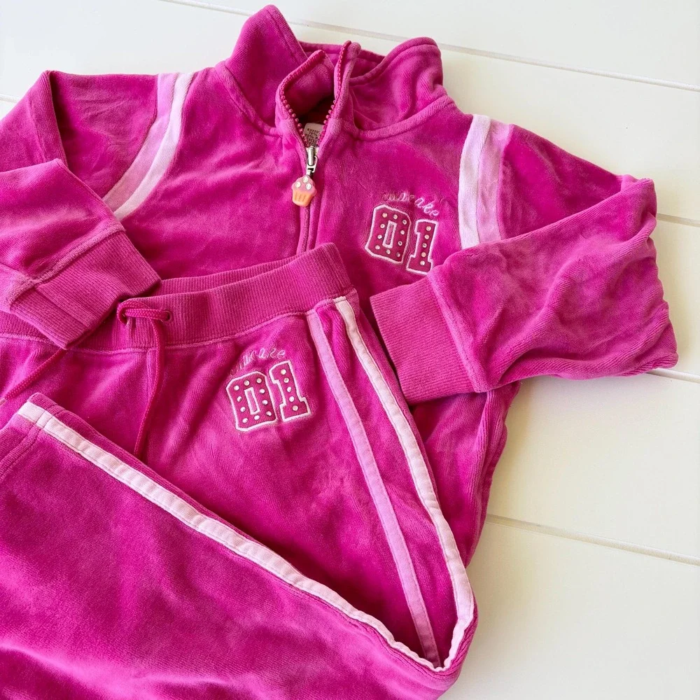 Vintage Gymboree Hot Pink Velour Full Zip Hoodie Tracksuit Size 4T